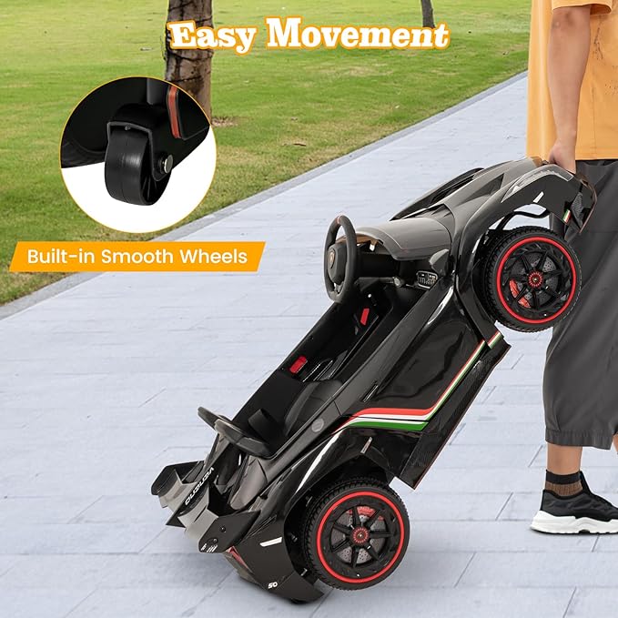 Costzon Ride on Car, Lamborghini Licensed 12V Battery Powered 4WD Sports Car with Remote Control, 3 Speeds, Hydraulic Doors, LED Lights, Towing Wheel, Horn, Music, Electric Vehicle for Kids Aged 3-8