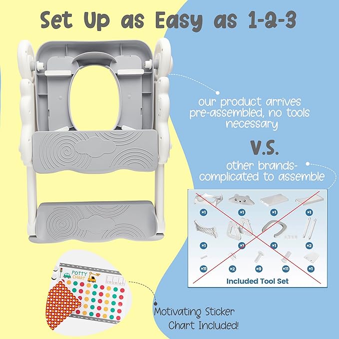 Musical & Sound Toddler Potty Training Seat w/Step Stool Ladder - Collapsible & Adjustable Toilet, Pre Assembled Toddler Toilet Seat w/Music & Sounds - Splash Guard & Anti-Slip Steps - Gray