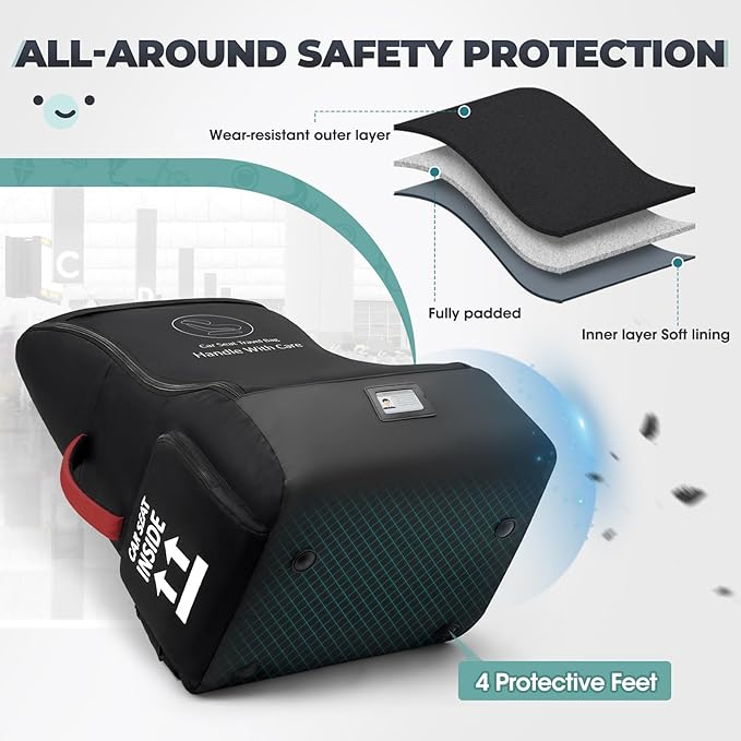 RAINSMORE Padded Car Seat Travel Bag for Airplane Heavy Duty Car Seat Backpack for Air Travel Baby Carseat Cover Bags for Airport Large Car Seats Carrier Fits Car Seats & Booster Seats, Black