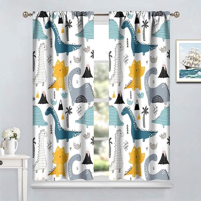 Kids Dinosaur Curtains for Boys Girls Bedroom Decor Cartoon Dino Colorful Cute Funny Wildlife Animal Printed Blackout Rod Pocket Window Drapes for Baby Nursery Playroom Living Room W42xL84in 2 Panels