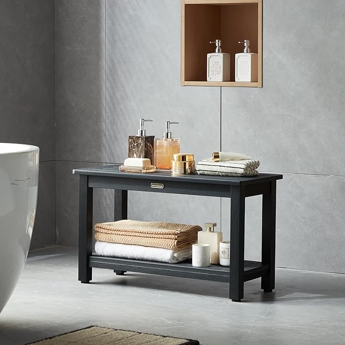 30'' Waterproof Shower Stool, Poly Lumber Shower Bench Seat for Shaving Legs, HDPS Plastic Bath Chair Seat, Non-Slip & No Maintenance, Black, Weight Capacity 700LBS (30 x 13 Inches)