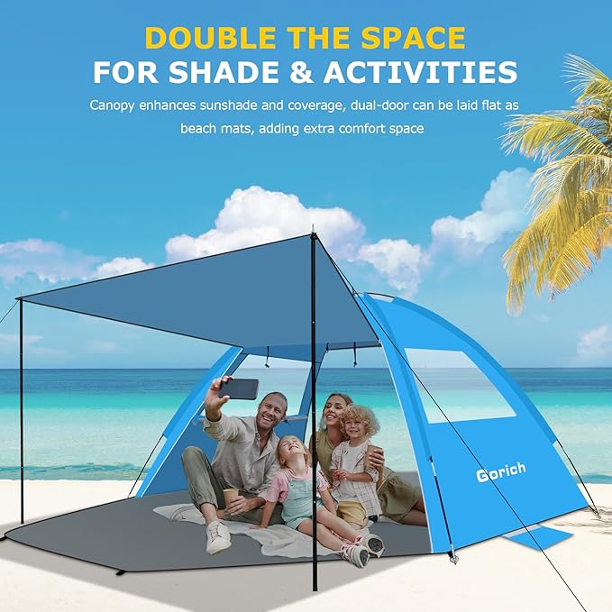 Gorich Beach Tent with Canopy - Easy Setup 3-4/5-6/7-8 Person Portable Sun Shelter, UPF 50+ UV Protection Sun Shade, Lightweight & Compact Beach Cabana for Family Travel