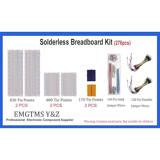 276Pcs Breadboard Jumper Wires Kit, 2Pcs 830 Breadboards + 2Pcs 400 Breadboards + 2Pcs Color-Coded 170 Breadboards + 140Pcs U-Shape Jumpers and 2x65Pcs Flexible Wires for Arduino, Raspberry Pi, STEM