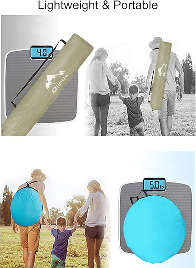 Oileus X-Large 4 Person Beach Tent Sun Shelter - Portable Sun Shade Instant Tent for Beach with Carrying Bag, Stakes, 6 Sand Pockets, Anti UV for Fishing Hiking Camping, Waterproof Windproof, Khaki