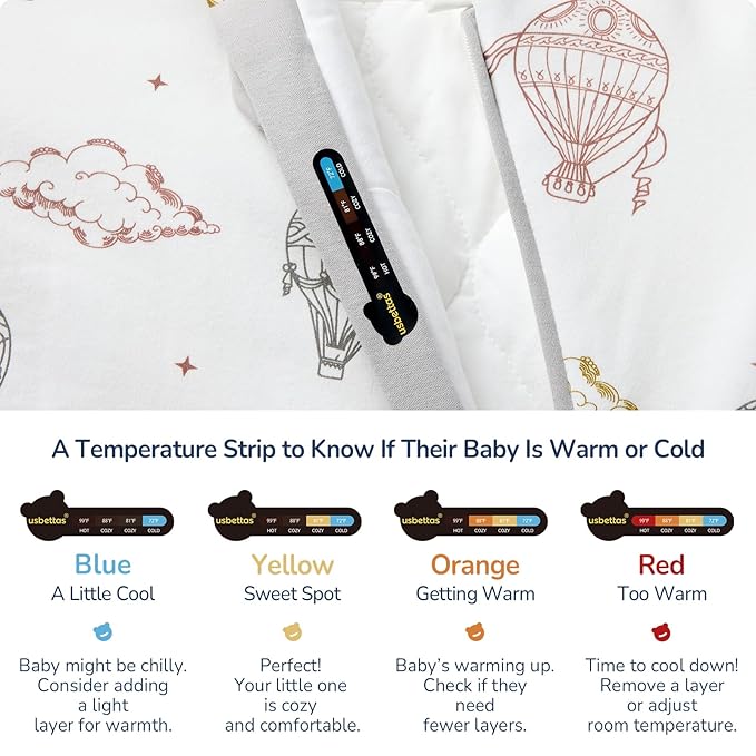 Baby Sleep Sack 18-24 Months, Cotton Detachable Long Sleeve Sleep Sack, 1.0 Tog Toddler Sleeping Sack with Temperature Strips, 2-Way Zipper Wearable Blankets for Newborns, Hot Air Balloon