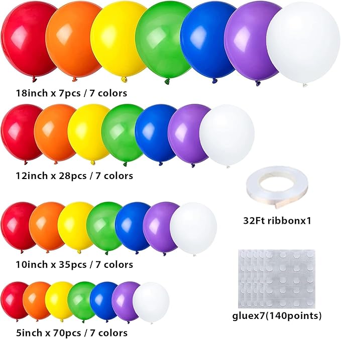 140pcs Rainbow Balloon Arch Kit, Rainbow Balloons of Different Sizes Pack of 18 12 10 5 Inch Party Balloon Kit for Birthday Party or Balloon Arch as Graduation Wedding Baby Shower Party Decorations