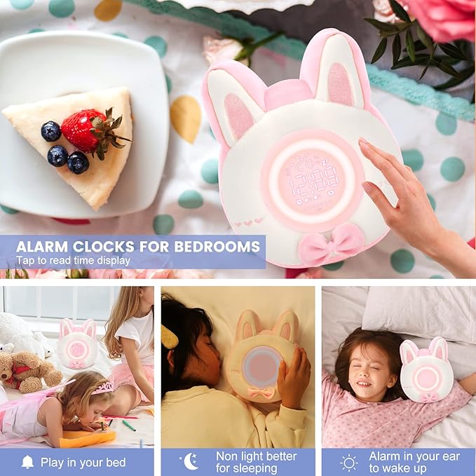 QANYI Bunny Plush Alarm Clock Night Light, Cute Stuffed Animals with LED Display Clock Adjustable Light, Toys for 5-12 Year Old Girls, Kawaii Birthday Gifts for Kids Teens Girls Women