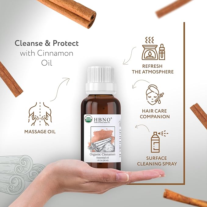 HBNO Organic Cinnamon Leaf Essential Oil - 1 oz (30ml) Travel Size - USDA Certified Organic Cinnamon Essential Oil, Perfect for Aromatherapy, Soap Making, DIY, Fragrances, Diffuser.