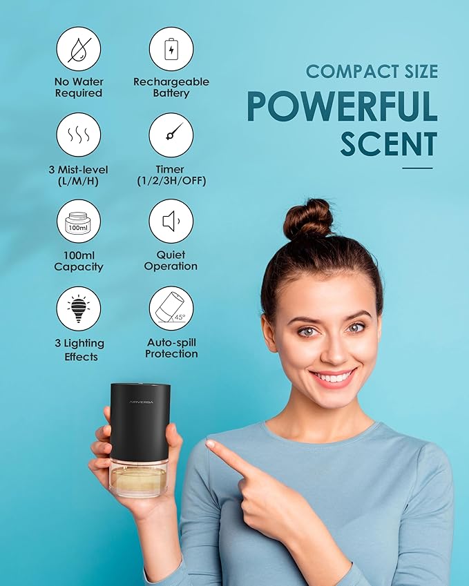 Essential Oil Diffuser Waterless Aromatherapy Diffusers for Home Large Room, Bedroom, Car, Office, Desk, Battery Operated, Small Diffuser for Pure Scent, 100mL Capacity, AN9 (Space Grey)