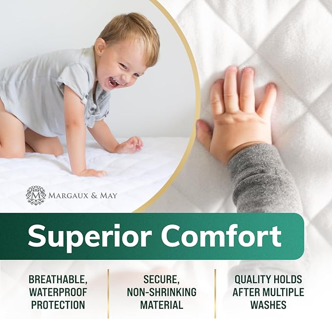 Crib Mattress Protector Pad 2 Pack - Ultra-Soft Waterproof Breathable Premium Bamboo Rayon - Noiseless Fitted Dryer Safe Cover for Crib. High Absorbency Oeko-TEX Certified MARGAUX & MAY