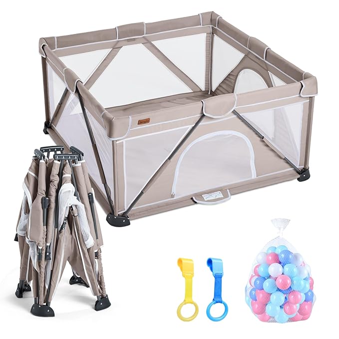 Baby Playpen Foldable, Playard for Babies and Toddlers, Portable Playpen Activity Center with 50 Balls+2 Handles for Travel, Indoor & Outdoor Play Pen with Mesh 59''x71''