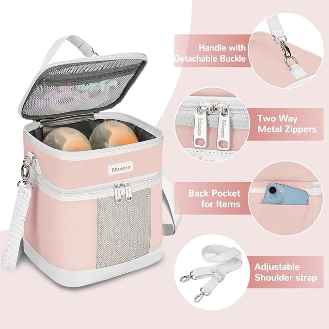 Mancro Breast Milk Cooler Travel Bag with Ice Pack, Double Layer Baby Bottle Cooler Bag Fits 6 Bottles Up to 9 Ounces,Insulated Bottle Bags for Daycare & Travel,Pink