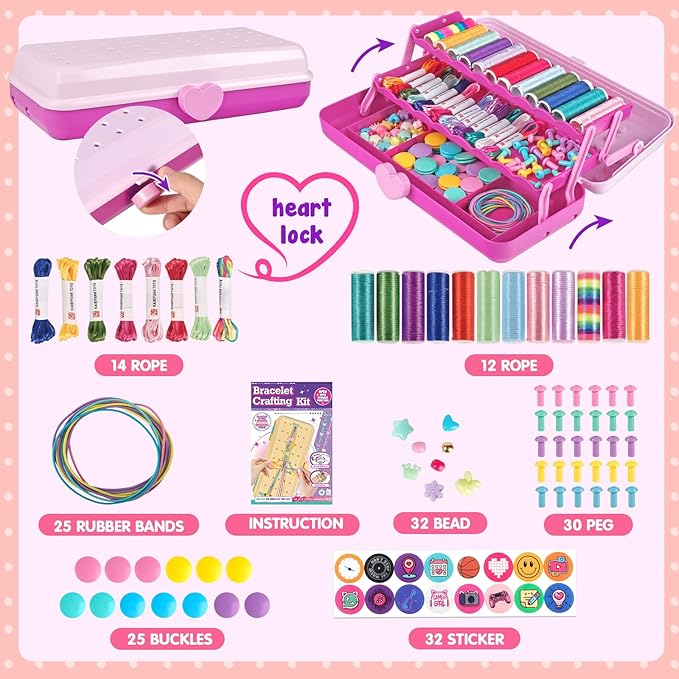 Friendship Bracelet Making Kit with Storage Box,DIY String Bracelet Arts and Craft for Girls Aged 8-12,Kids' Travel Activity Toy Set,Easter Birthday Gifts for Ages 6 7 8 9 10 11 12 Year Old Rose