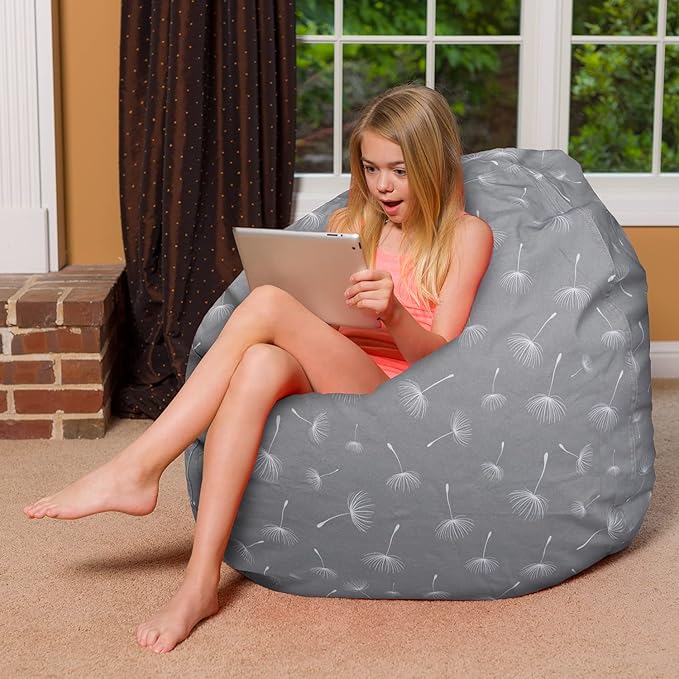 Posh Creations Bean Bag Chair for Kids, Teens, and Adults Includes Removable and Machine Washable Cover, 48in - X-Large, Canvas White Dandelions on Gray