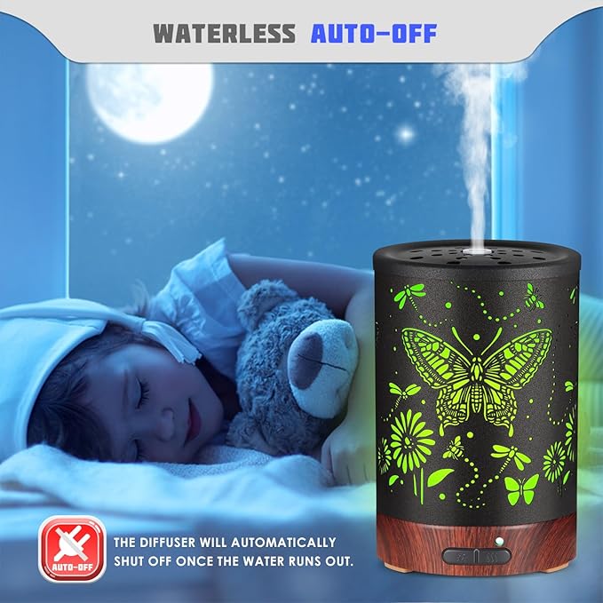 Metal Essential Oils Diffuser 150ML Christmas Aromatherapy Diffuser Cool Mist Humidifier with 7 Colors Lights Waterless Auto Off Air Diffusers as Gifts for Mom(Butterfly)