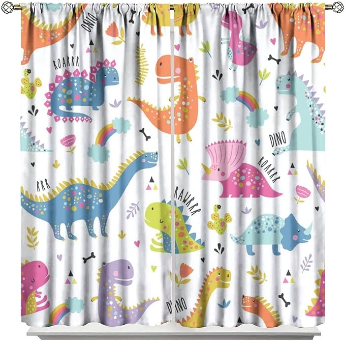 Cartoon Dinosaur Curtains for Kids Boys Girls Home Decor Childish Cute Dino Animals Print Pattern Rod Pocket Blackout Window Drapes for Nursery Baby Bedroom Playroom W42xL84in 2 Panels
