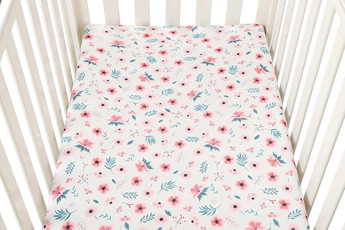 Pack n Play Sheet Stretchy Fitted Portable Mini Crib Sheets Set 3 Pack,Playard Sheets Convertible Playard Mattress Cover,Ultra Soft Jersey Material,Floral,Grey Rabbit & Pink