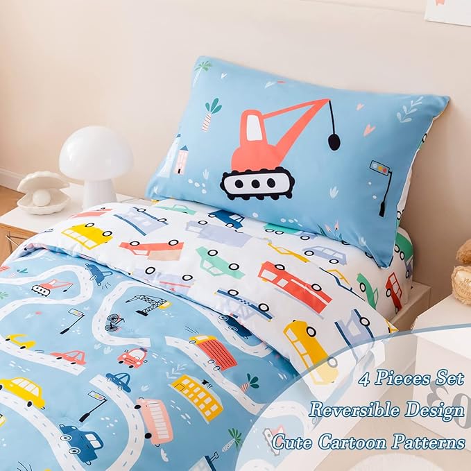 PERFEMET 4-Piece Toddler Bedding Set Boys Cars Toddler Comforter with Sheets Reversible Lightweight Blue Vehicles Toddler Bed Set for Crib(Blue, Cars)