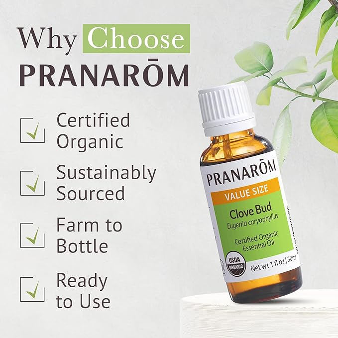 Pranarom USDA Certified Organic Clove Essential Oil (30ml), 100% Pure Undiluted Therapeutic Grade from Sri Lanka & Madagascar for Aromatherapy, Diffuser, Immune Support, DIY Cleaning, Warm Scent