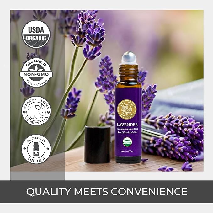 Silk Road Organic Lavender Essential Oil Roll On, Lavandula Angustifolia, 100% Pure USDA Certified Aromatherapy for Calming, Relaxation & Skin - 10 ml Roller - Always Pure, Always Organic