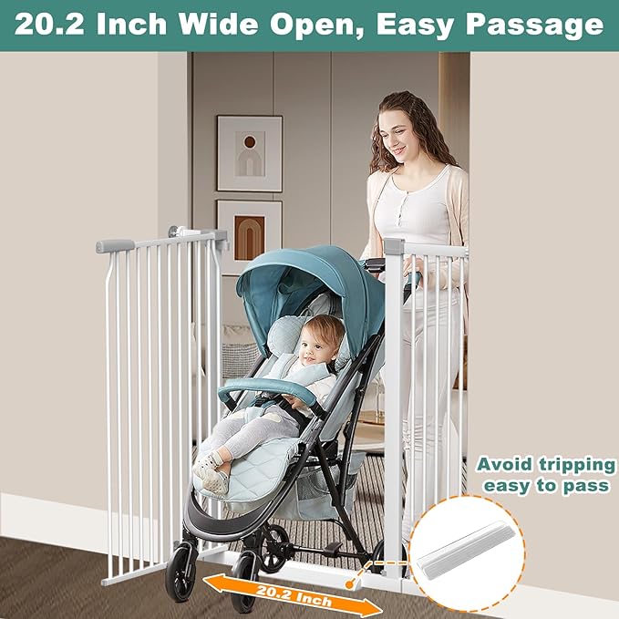 40.5" Extra Tall Baby Gate No Drill, 63"-65.7" Extra Wide Dog Pet Gate Indoor, Long Safety Child Gate, Metal Tension Auto Close No Climb Fence Pet Gate for Stairs Doorway, White