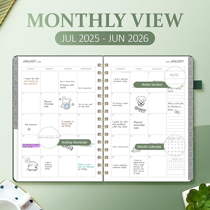 Planner 2025-2026 Weekly and Monthly, July 2025 - June 2026, Hardcover Spiral Bound with Tabs, Inner Pocket, A5 (6.3"x8.5") - Ideal for Teachers, Students & Professionals, Green