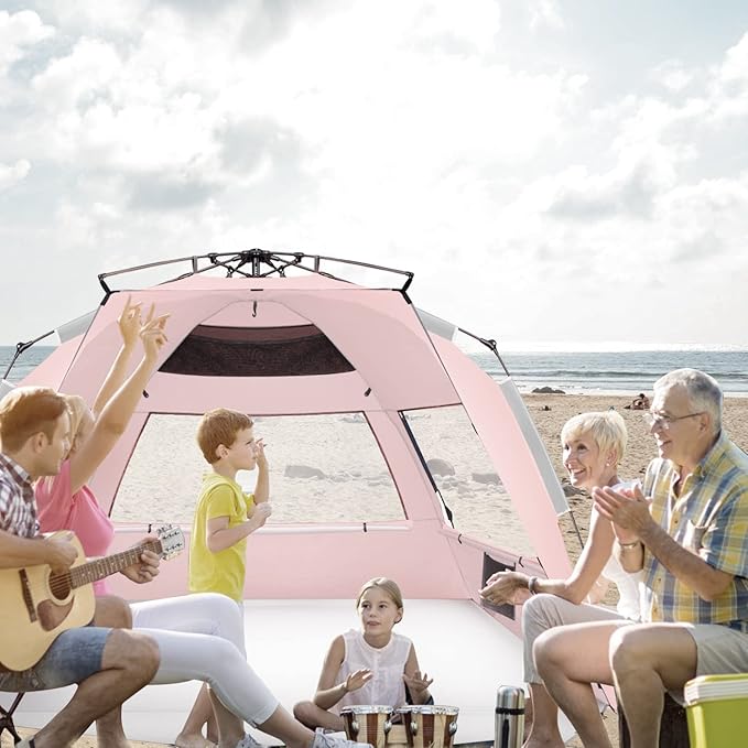 Oileus XX-Large Pop Up Beach Tent Sun Shelter for 5-6 Person Portable Sun Shade Instant Tent for Beach with Carrying Bag, Stakes, 6 Sand Pockets, Anti UV for Fishing Hiking Camping Pink