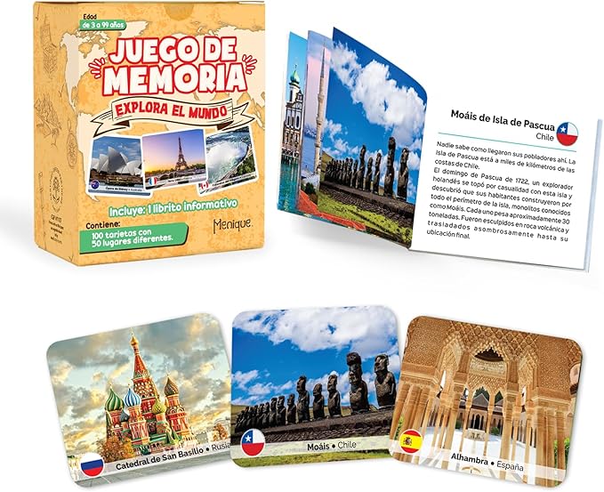 Menique Explore The World Memory Matching Game – Spanish Edition – 100 Cards (50 Pairs) with Iconic Landmarks, Country & Flag – Educational Geography Game in Spanish.