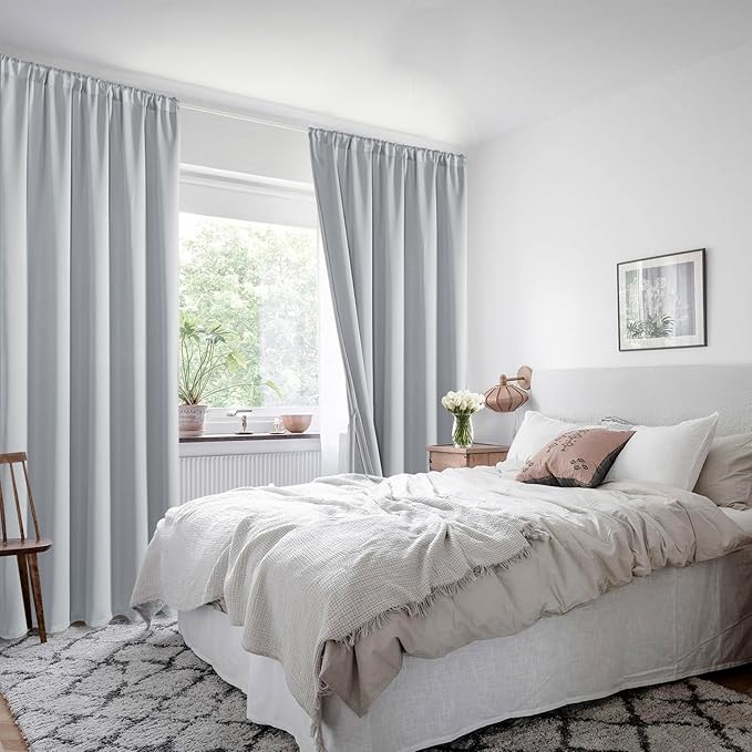 XWZO Full Shading Blackout Curtains 54 Inches Length with Tiebacks- Heat and Light Blocking Rod Pocket Window Drapes with Black Liner Backing for Bedroom/Kid's Room, Light Grey, W52 x L54, Set of 2