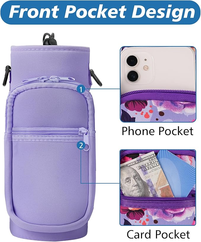 32 40 oz Water Bottle Carrier with Strap, Neoprene Water Bottle Sleeve Bag with 2 Pockets Insulated Flask Sling Holder for Walking Hiking Gym