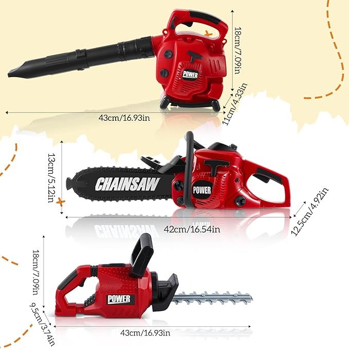 3 Pcs Toy Gardening Tool Set for Kids Toy Leaf Blower Hedge Trimmer Chainsaw Pretend Play Set with Lights and Sounds Birthday for Boys Girls