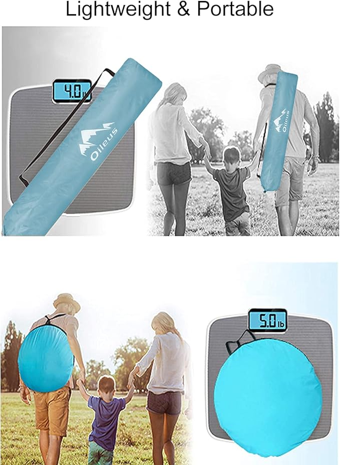 Oileus X-Large 4 Person Beach Tent Sun Shelter - Portable Sun Shade Instant Tent for Beach with Carrying Bag, Stakes, 6 Sand Pockets, Anti UV for Fishing Hiking Camping, Waterproof Windproof, Sky Blue