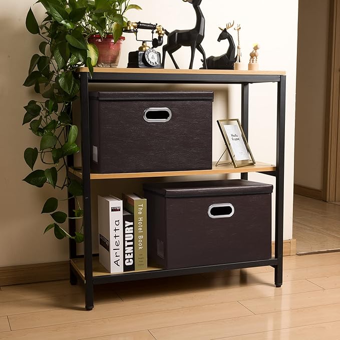 PRANDOM Large Foldable Storage Bins with Lids [3-Pack] Leather Fabric Collapsible Storage Boxes Organizer Containers Baskets Cube with Cover for Home Bedroom Closet Office Brown(17.7x11.8x11.8)