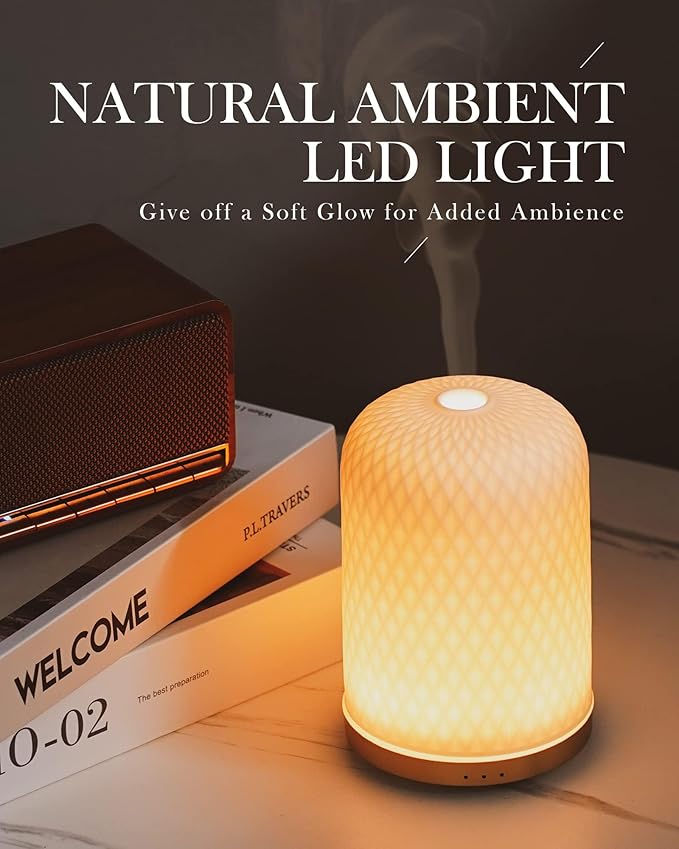 Essential Oil Diffuser,110ML Diffusers for Essential Oils Large Room, Ceramic Diffusers USB Powered Decorative Ultrasonic Defuzzer, Ideal for Aesthetic Home,Dorm Décor, Yoga,White