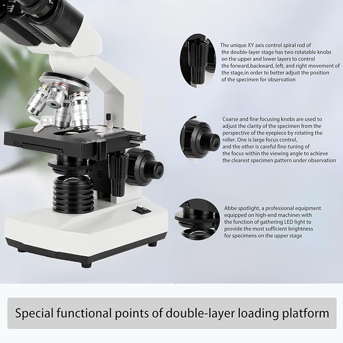 Binocular Compound Microscope, 40X-5000X Magnification, Wide-Angle Eyepiece WF10X WF25X, LED Light Source, XY axis Double-Layer Stage, Adult Microscope (Supports WiFi Wireless Connection)
