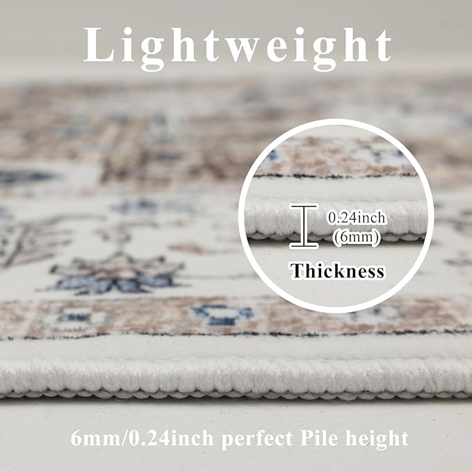 4x6 Washable Area Rug for Living Room, Carpet for Bedroom, Soft Faux Wool Retro Dining Room Rug, Non Slip&Non-Shedding Resistant Low Pile Vintage Print Rug for Home Office (Taupe/Blue)