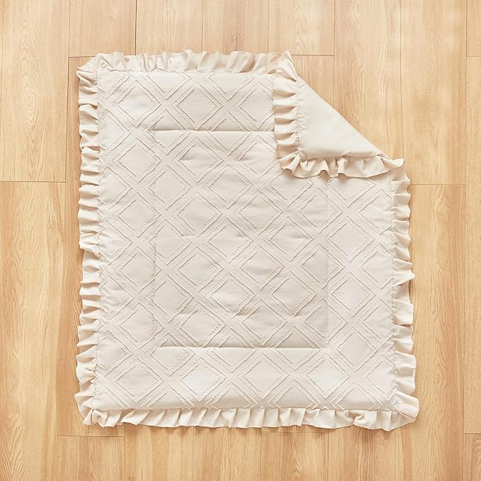 Mini Crib Bedding Set 3 Pieces Baby Boho Quilted Tufted Ruffles Comforter with Fitted Sheet and Ruffled Bed Skirt - Cute Shabby Baby Bedding Fits Mini Crib Only Cream White