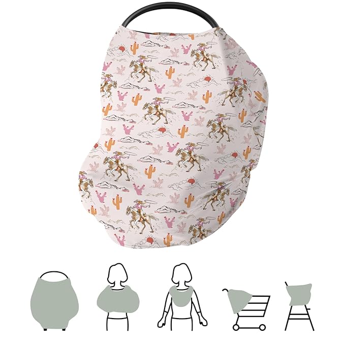 Cute Pink Cowgirl Car Seat Cover for Baby Western Cowgirls Horse Cactus Mountain Sunset Stretchy 5-in-1 Covers Adjustable Infant Carseat Canopy Cover Wild West Desert Breathable Nursing Cover-Up