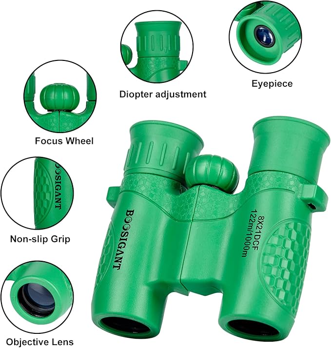 Binoculars for Kids 8x21, Gift for 3-12 Years Boys & Girls, Compact Kids Binoculars High-Resolution Shockproof Mini Binoculars for Bird Watching, Hiking, Camping, Travel Green 301