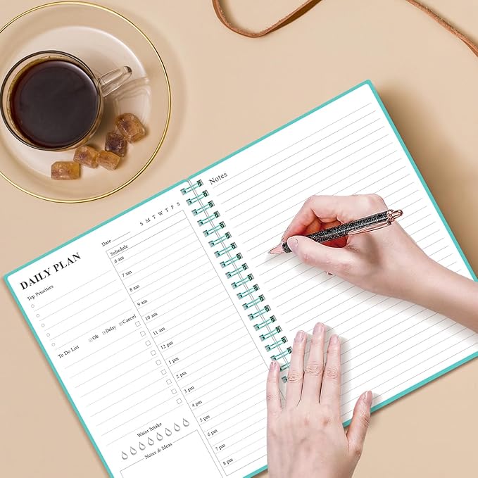 Daily Planner Undated - A5 To Do List Notebook Hourly Schedules, Spiral Appointment Planner for Women and Men, PVC Hardcover, Inner Pocket, Elastic Closure, 5.8" x 8.3", Teal