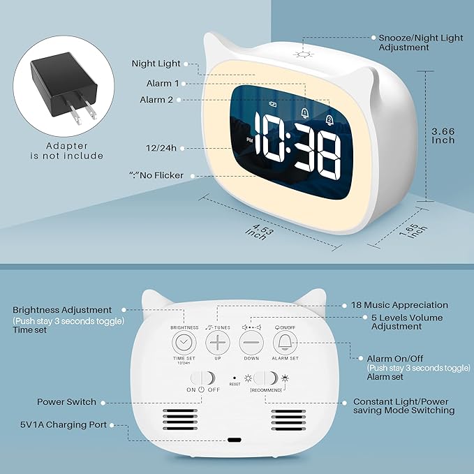Kids Alarm Clock with Night Light & 18 Ringtones,Rechargeable,Cute Cat Ear Clock for Boys Girls Birthday Presents,Digital Clock for Children's Bedroom(White)