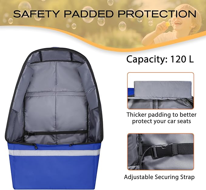 Car Seat Travel Bag for Airplane, Infant Seat Carrier with Shoulder Strap, Padded Backpack with Reflective Stripes, Blue