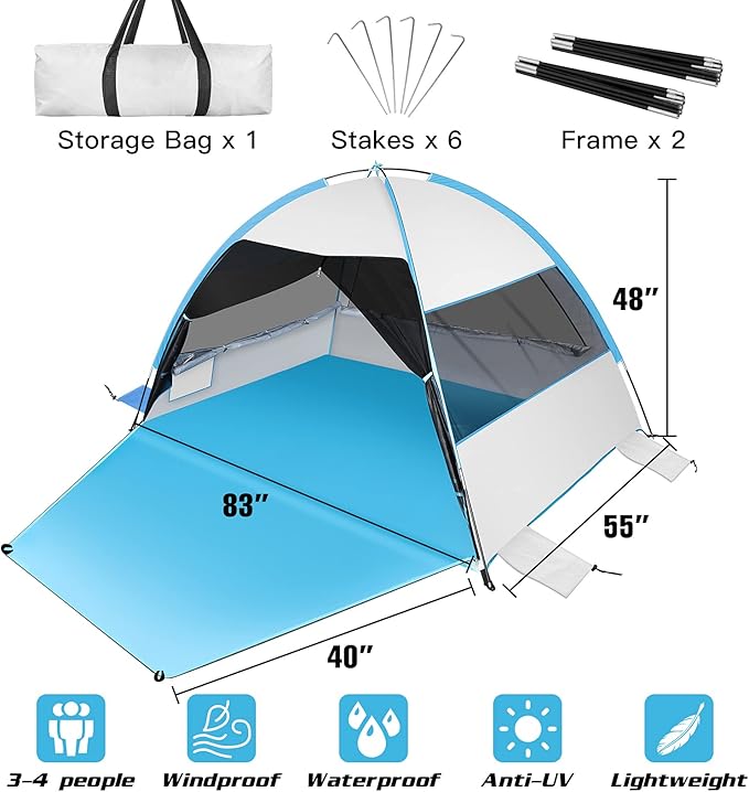 Large Easy Setup Beach Tent,Anti-UV Beach Shade Beach Canopy Tent Sun Shade with Extended Floor & 3 Mesh Roll Up Windows Fits 3-4 Person,Portable Shade Tent for Outdoor Camping Fishing