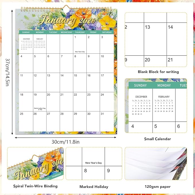 Wall Calendar 2026-2027, 18 Month Calendar from January 2026 to June 2027 14.5" x 11.8" Large Desk Calendar with Twin-Wire Binding for Home Office Planning Personal Organisers, Oil Painting Style