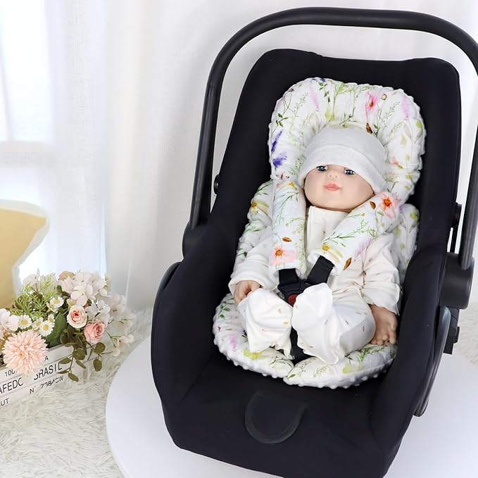 Infant Car Seat Insert, Car Seat Head Support Baby Girls Boys, Soft & Reversible Newborn Carseat Insert Cushion with 2 Strap Covers, for Stroller, Swing, Bouncer (White Wildflowers)
