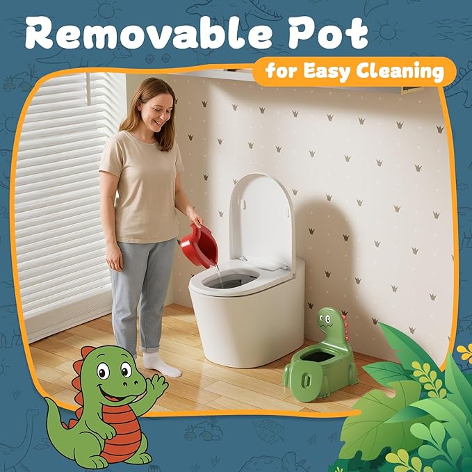 Potty Training Toilet Toddler Potty Chair Kids Boys Girls Dinosaur Animal Comfortable Potties Training Seat for Childrens Ages 1-3 Portable Baby Toilets with Lid Back Easy to Clean Potty Trainer Green