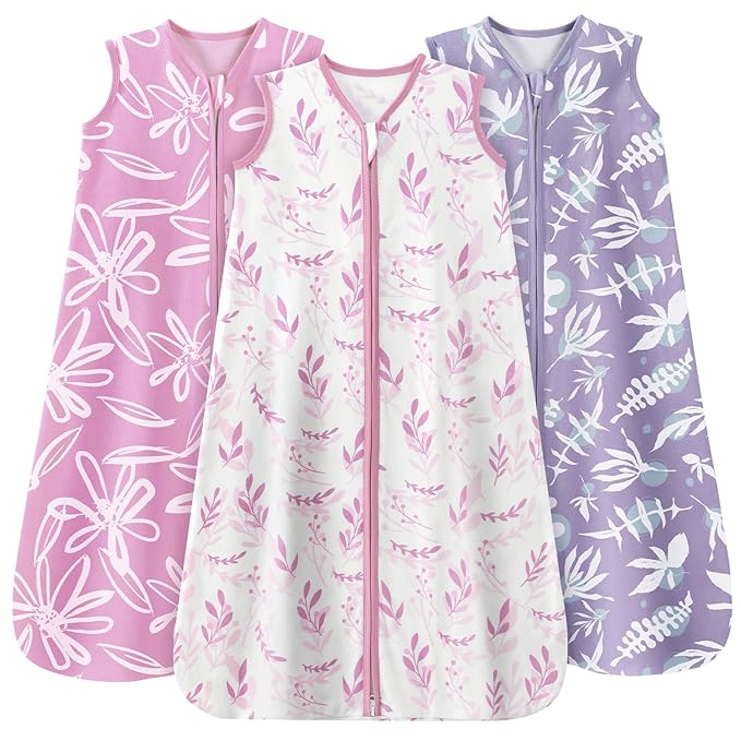 Baby Sleep Sack 6-12 Months 3 Pack 100% Cotton Lightweight 0.5 TOG Wearable Blanket Baby Sleep Bag with 2-Way Zipper for Newborn Infant Purple Leaf