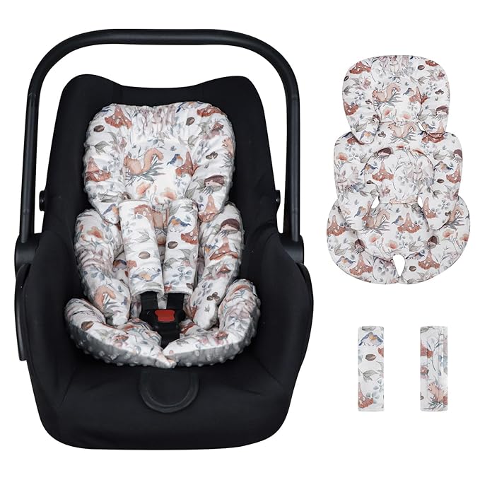 Infant Car Seat Insert, Car Seat Head Support Baby Girls Boys, Soft & Reversible Newborn Carseat Insert Cushion with 2 Strap Covers, for Stroller, Swing, Bouncer (Gray Animals)