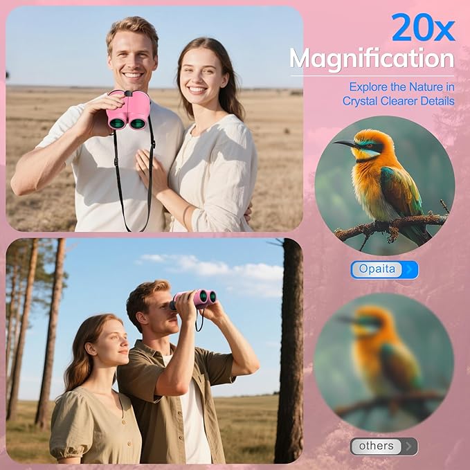 Compact Binoculars for Adults High Powered - OPAITA 20x32 Small Binoculars for Adults Kids with Low Light Vision for Hunting Cruise Ship Travel Concert Hiking Pink