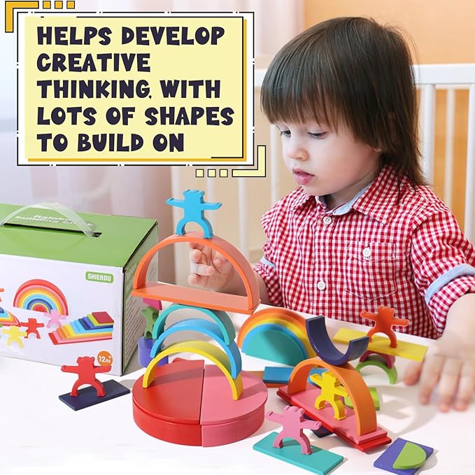 40-Piece Wooden Rainbow Stack Set, 4-in-1 Building Blocks preschoolers Early Development & Activity Toys Montessori Toys for Kids 3, 4, 5, 6 Years and Older Gifts for Boys and Girls